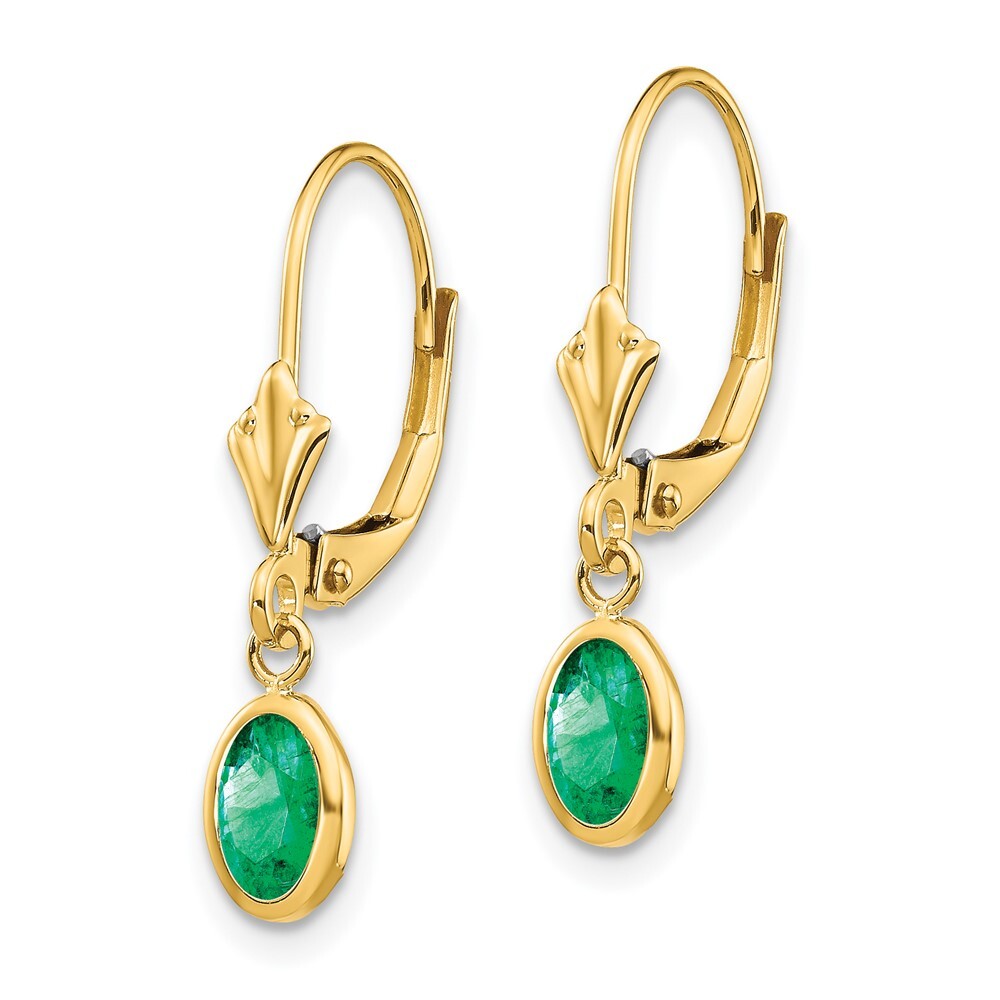 14k Yellow Gold 6x4 Oval Bezel May/Emerald Dangle Earrings Leverback