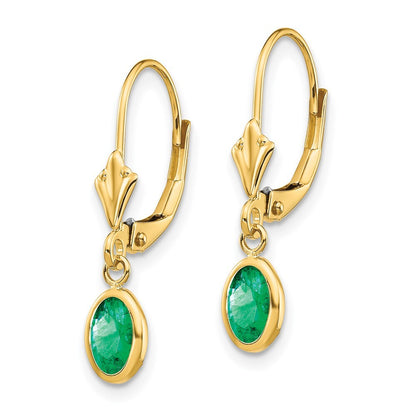 14k Yellow Gold 6x4 Oval Bezel May/Emerald Dangle Earrings Leverback
