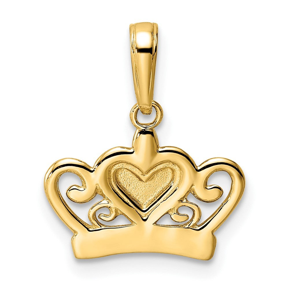 14k Yellow Gold and White Rhodium Diamond-cut Heart Crown Pendant