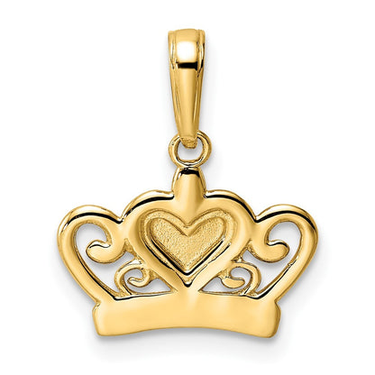14k Yellow Gold and White Rhodium Diamond-cut Heart Crown Pendant