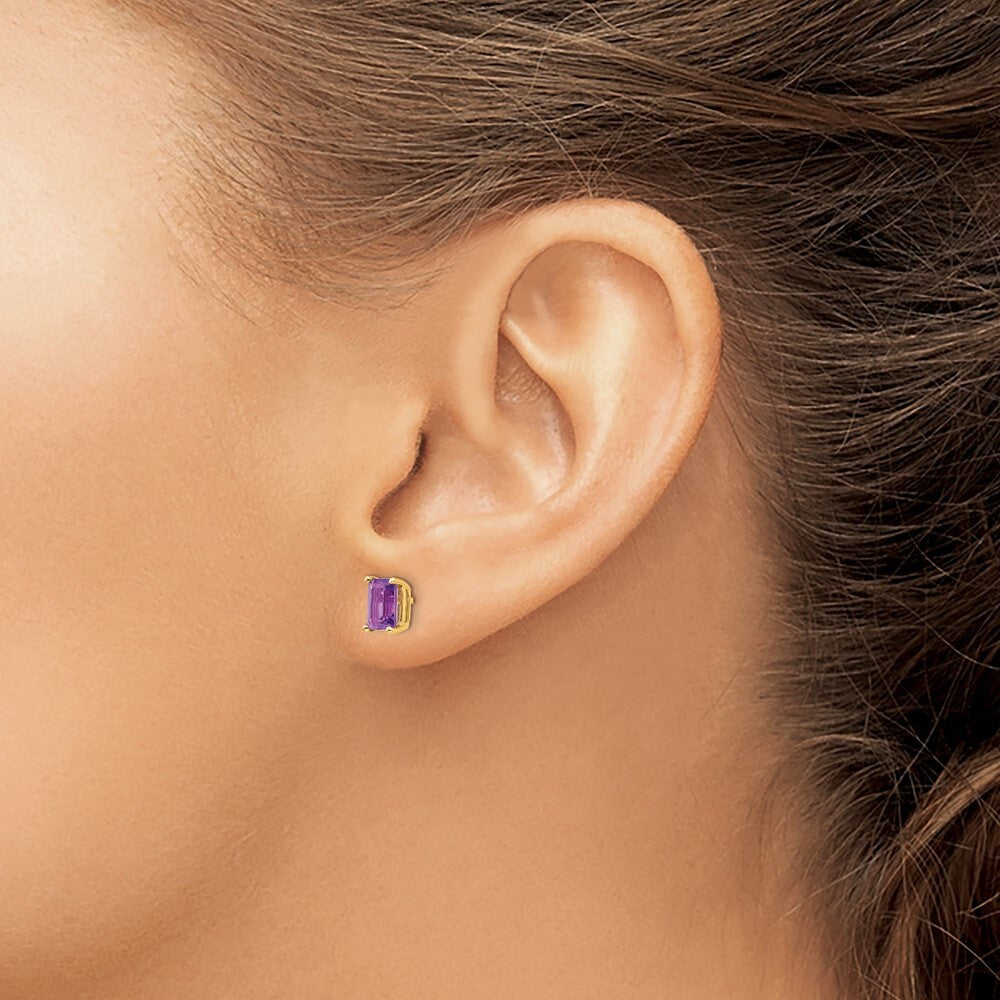 14k Yellow Gold 6x4mm Emerald Cut Amethyst Stud Earrings Gift for Women