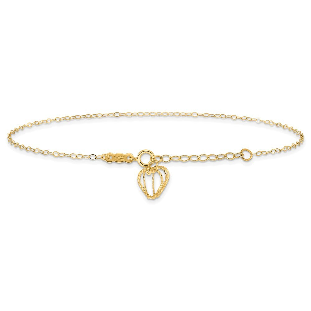 14k Yellow Gold Cable Chain with Diamond-cut Heart Cage Dangle 11" Anklet