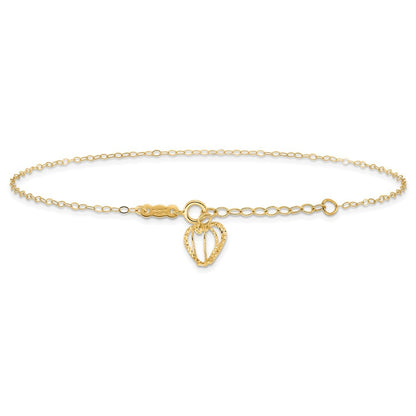 14k Yellow Gold Cable Chain with Diamond-cut Heart Cage Dangle 11" Anklet