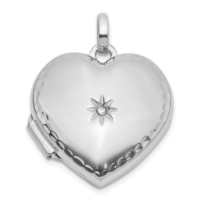 14k White Gold Polished and Textured Diamond 15mm Heart Locket Pendant for Women