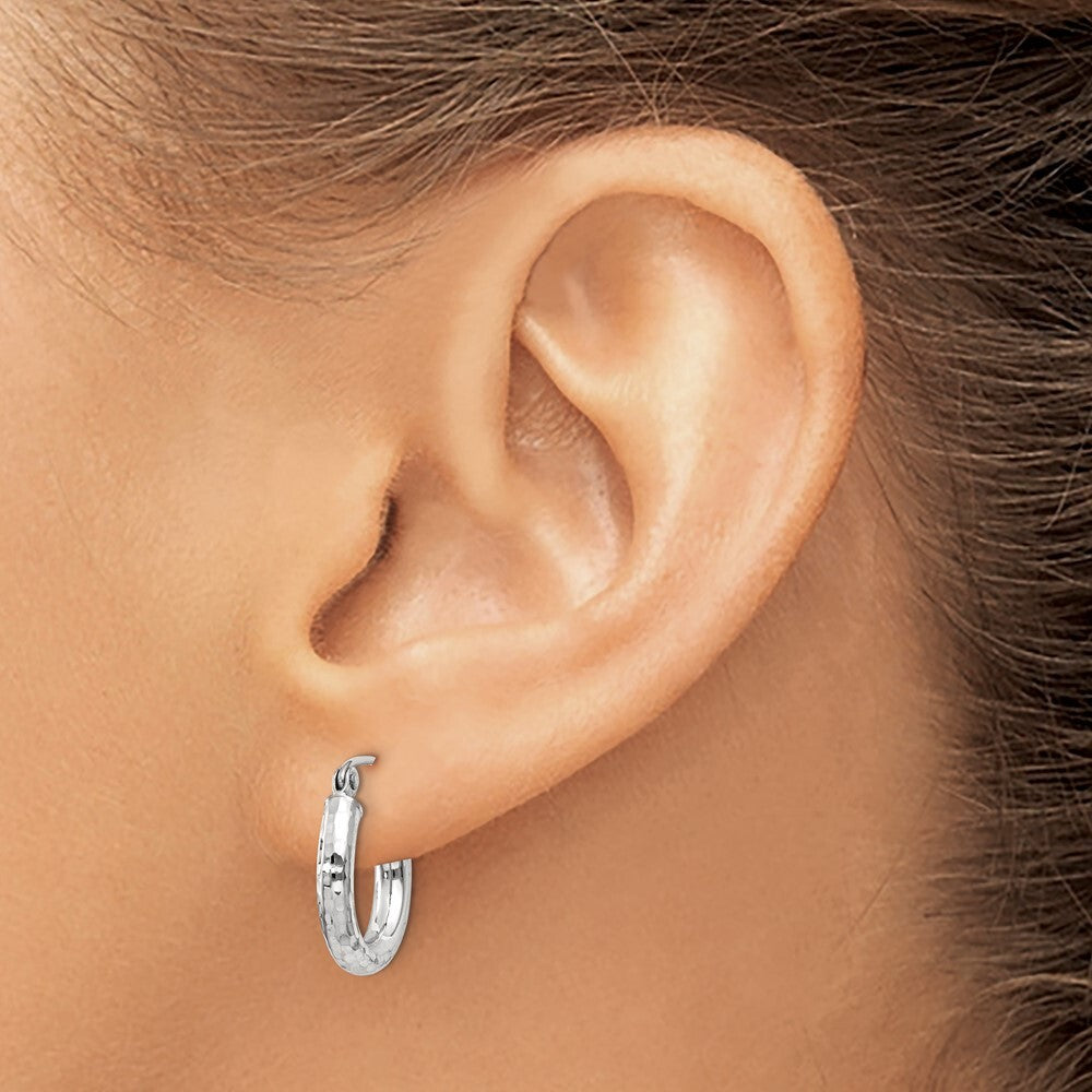 14k White Gold Diamond-cut 3mm Round Hoop Earrings Gift for Women