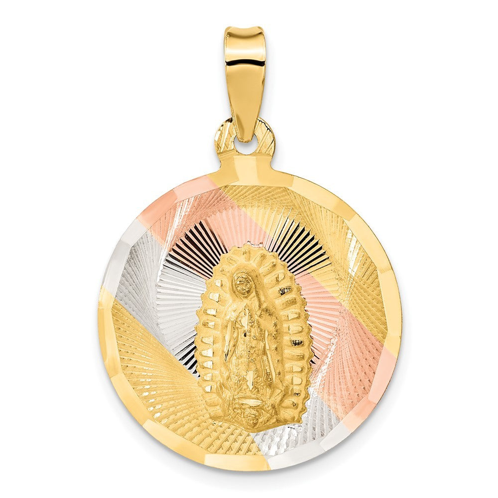 14k Yellow Gold w Rhodium Polished Diamond-Cut Lady Of Guadalupe Circle Pendant