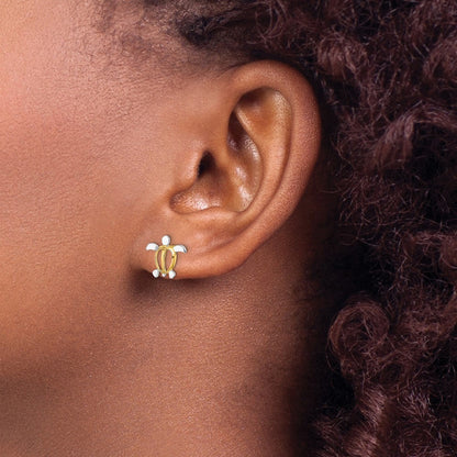 14k Yellow Gold W/ Rhodium Sea Turtle Earrings