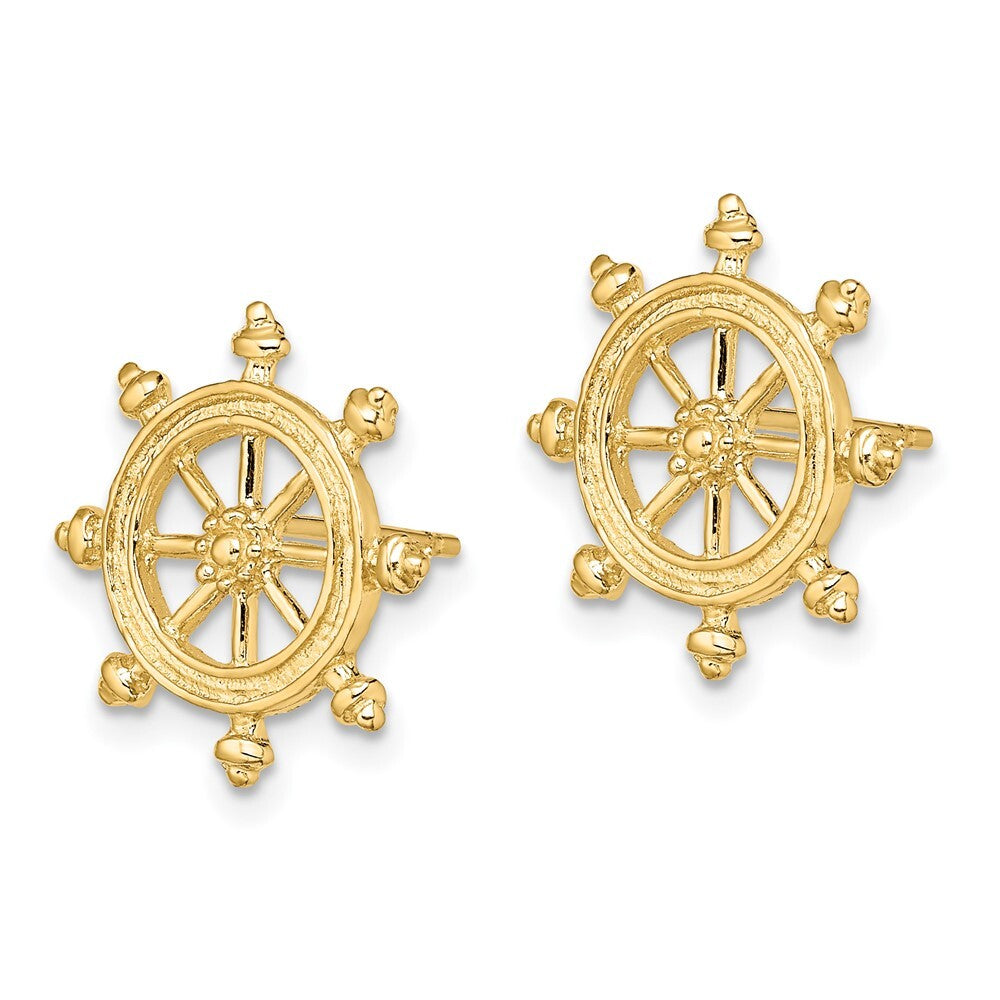 14k Yellow Gold Ship's Wheel Stud Earrings Gift for Women