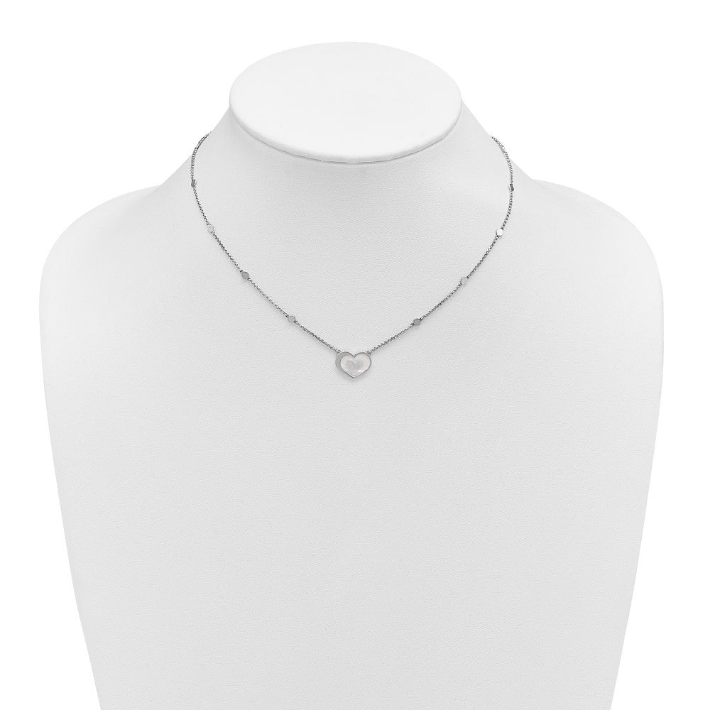 Sterling Silver Rhodium-plated Mother of Pearl Heart 16" Station Necklace