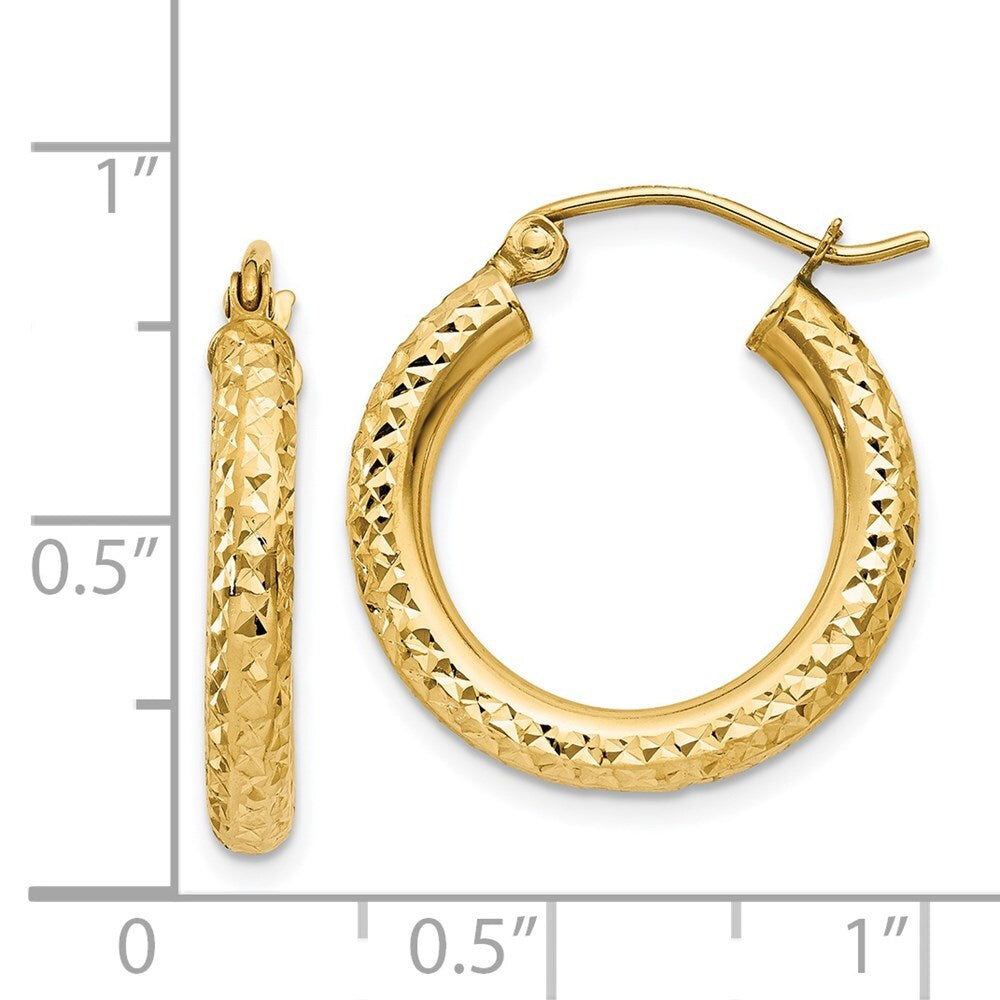 14k Yellow Gold Diamond-cut 3mm Round Hoop Earrings Gift for Women