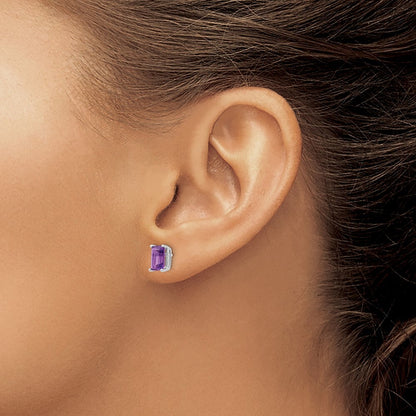14k White Gold 7x5mm Emerald Cut Amethyst Stud Earrings Gift for Women
