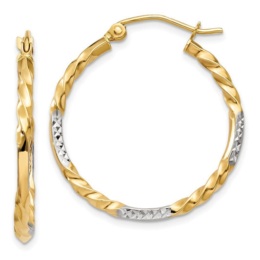 14k Yellow Gold & Rhodium Diamond Cut Twisted Hoop Earrings