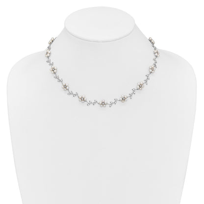 Sterling Silver CZ Vine Pattern Fresheater Cultured Pearl Floral Necklace 16"