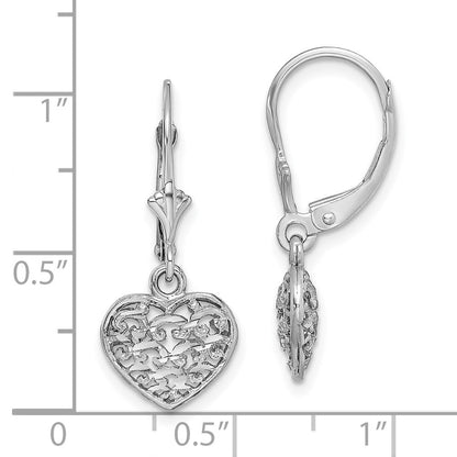 14K White Gold 3-D Mini Diamond-cut Puffed Heart Leverback Earrings