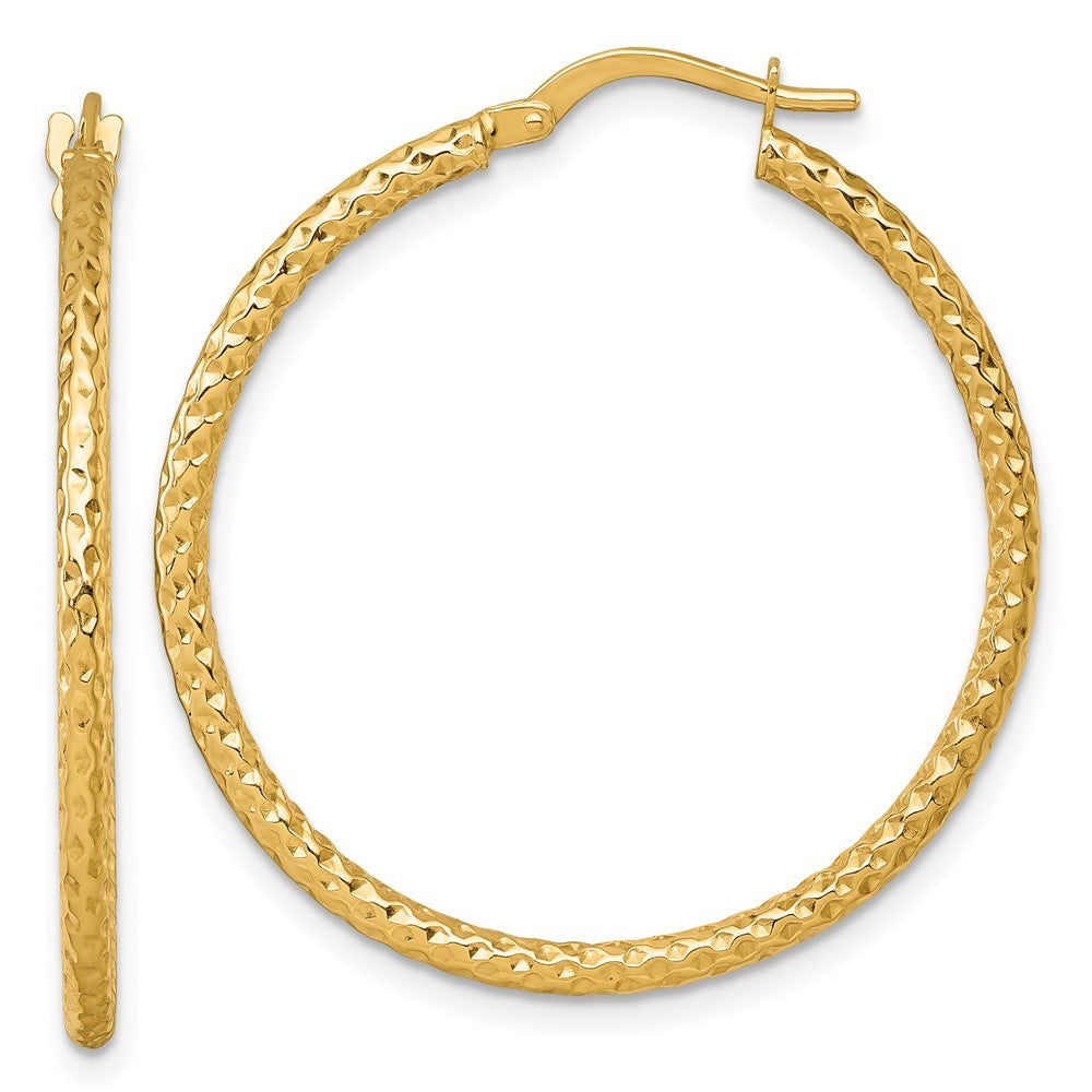 14k Yellow Gold Polished Diamond-cut Textured 2 x 32mm Tube Hoop Earrings