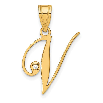 14k Yellow Gold Script Letter V Initial Pendant with Diamond for Women