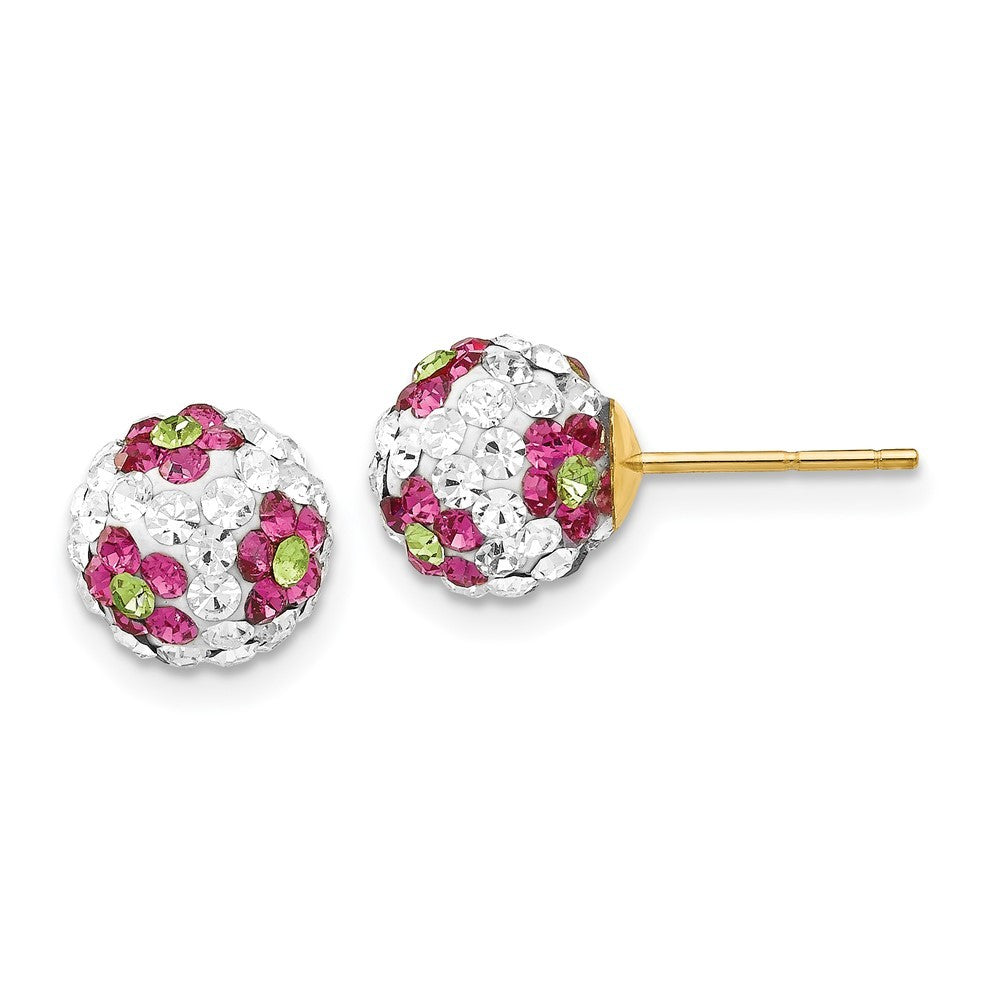 14k Yellow Gold Crystal Pink Flowers 8mm Earrings