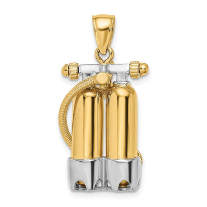 14k Yellow Gold w Rhodium 3-D Double Scuba Tanks W Air Hose Charm