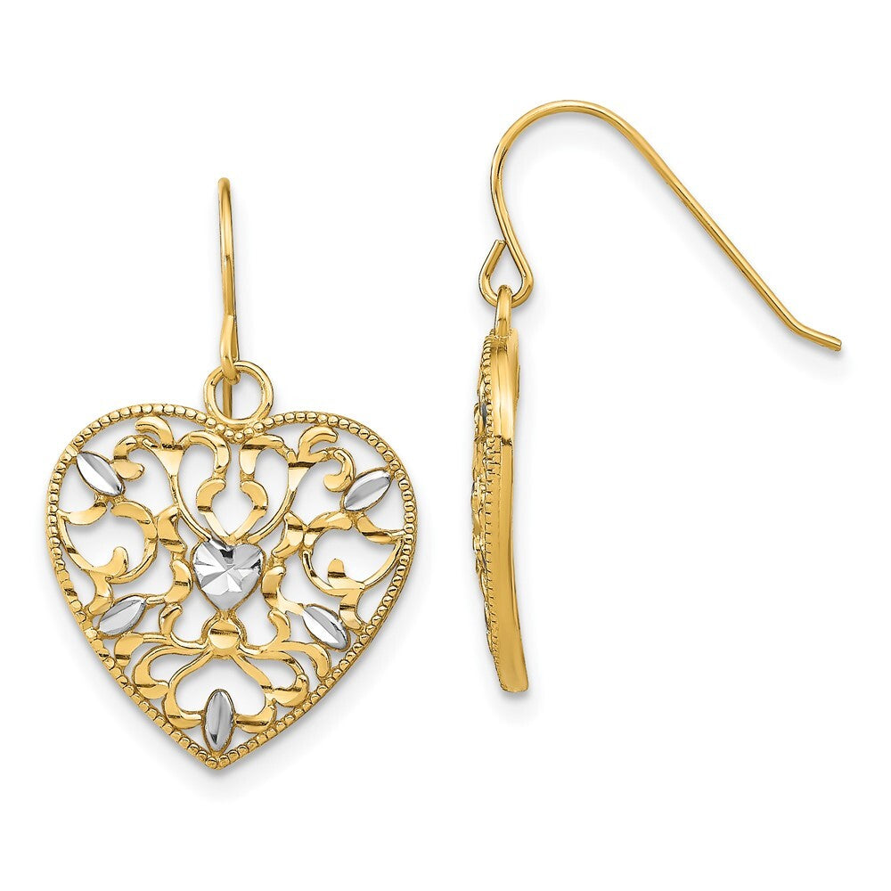 14k Yellow Gold RH Filigree Cut-Out Heart Wire Stud Earrings Gift for Women