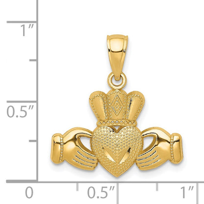 14k Yellow Gold Polished/Textured Claddagh Pendant for Women