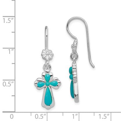 Sterling Silver Polished Imitation Turquoise Cross & Flower Dangle Earrings