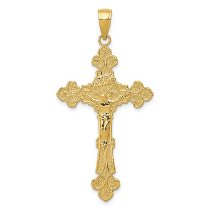 14k Yellow Gold Polished Textured INRI Crucifix Fleur de Lis Pendant