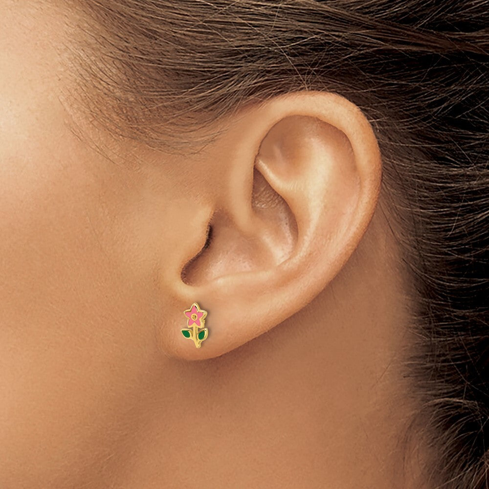 14k Yellow Gold Polished Enameled Flower Stud Earrings Gift for Women