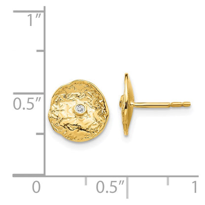 14k Yellow Gold Small Textured Circle Diamond Stud Earrings Gift for Women