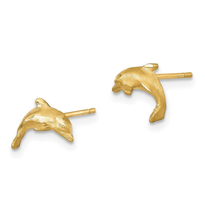 14k Yellow Gold Satin Diamond-cut Dolphin Earrings