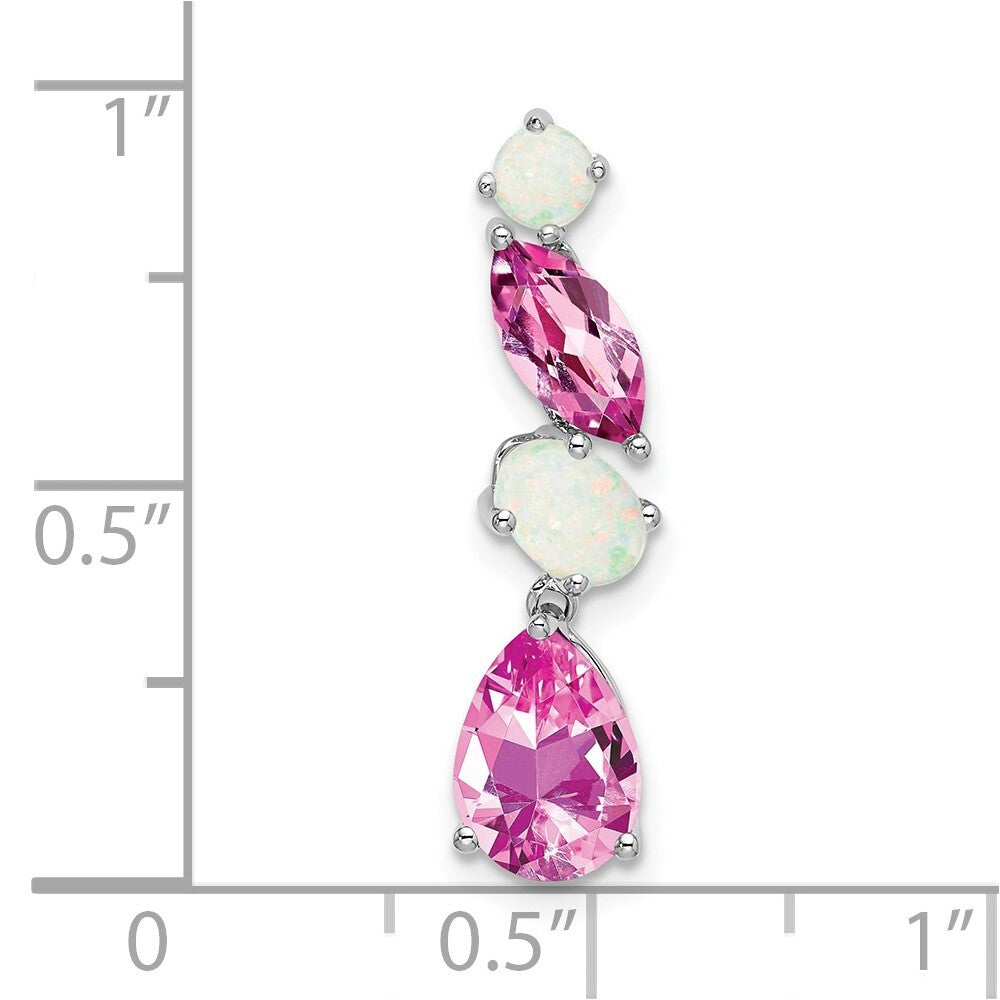 14k White Gold Created Pink Sapphire and Opal Chain Slide Pendant for Women
