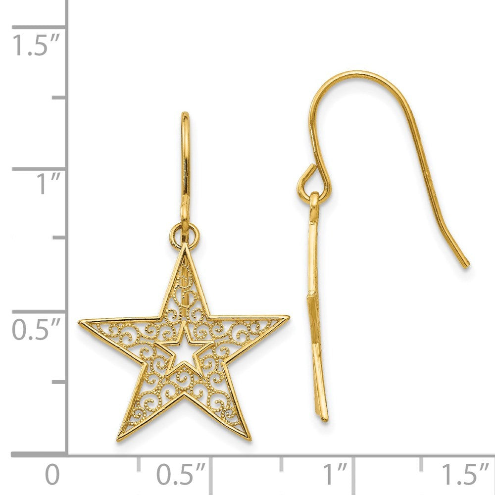 14k Yellow Gold Filigree Star Drop Dangle Earrings w/ Shepherd Hook