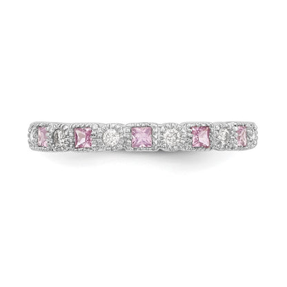 14k White Gold 1/10 carat Diamond and Pink Sapphire Complete Band Size 7