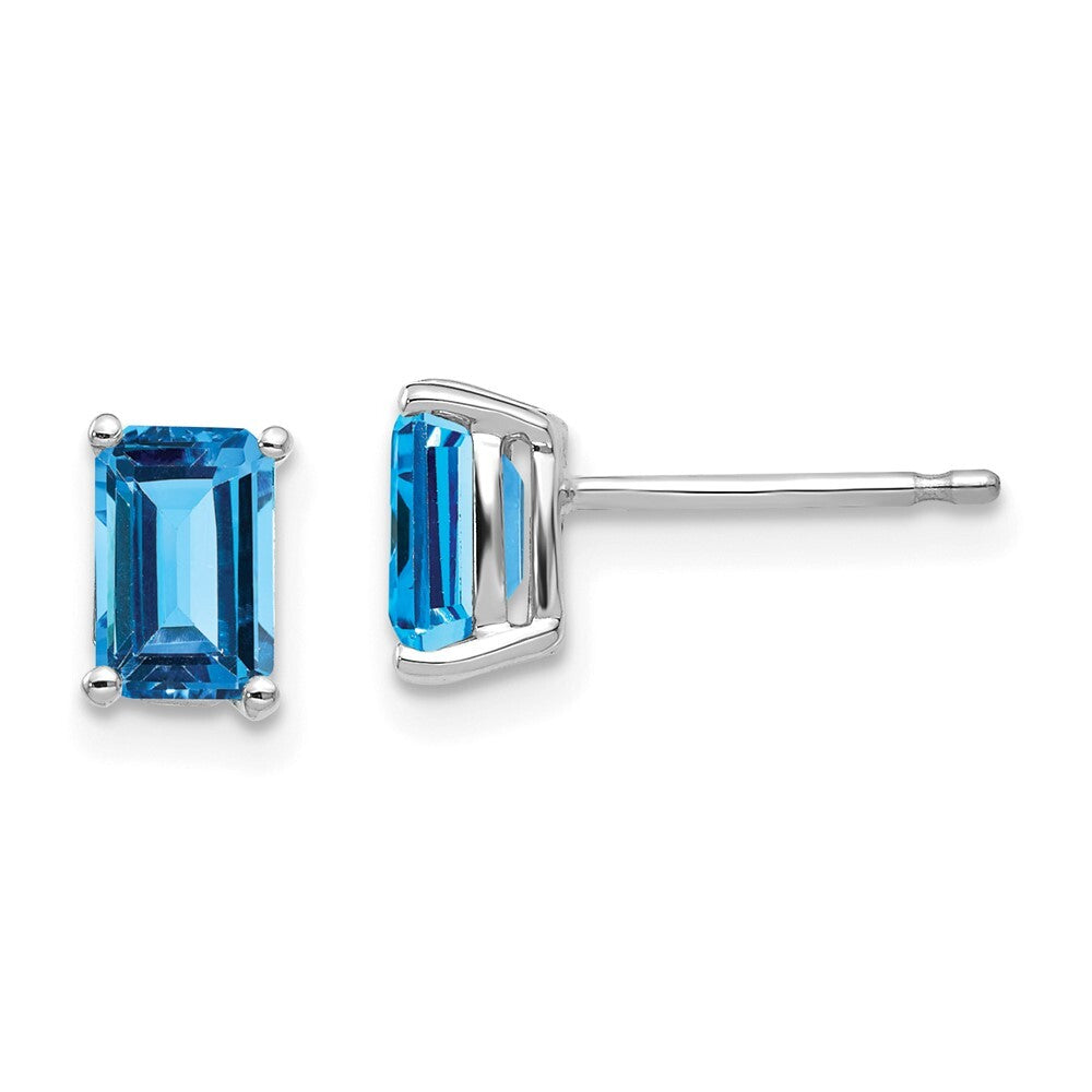 14k White Gold 6x4mm Emerald Cut Blue Topaz Stud Earrings Gift for Women