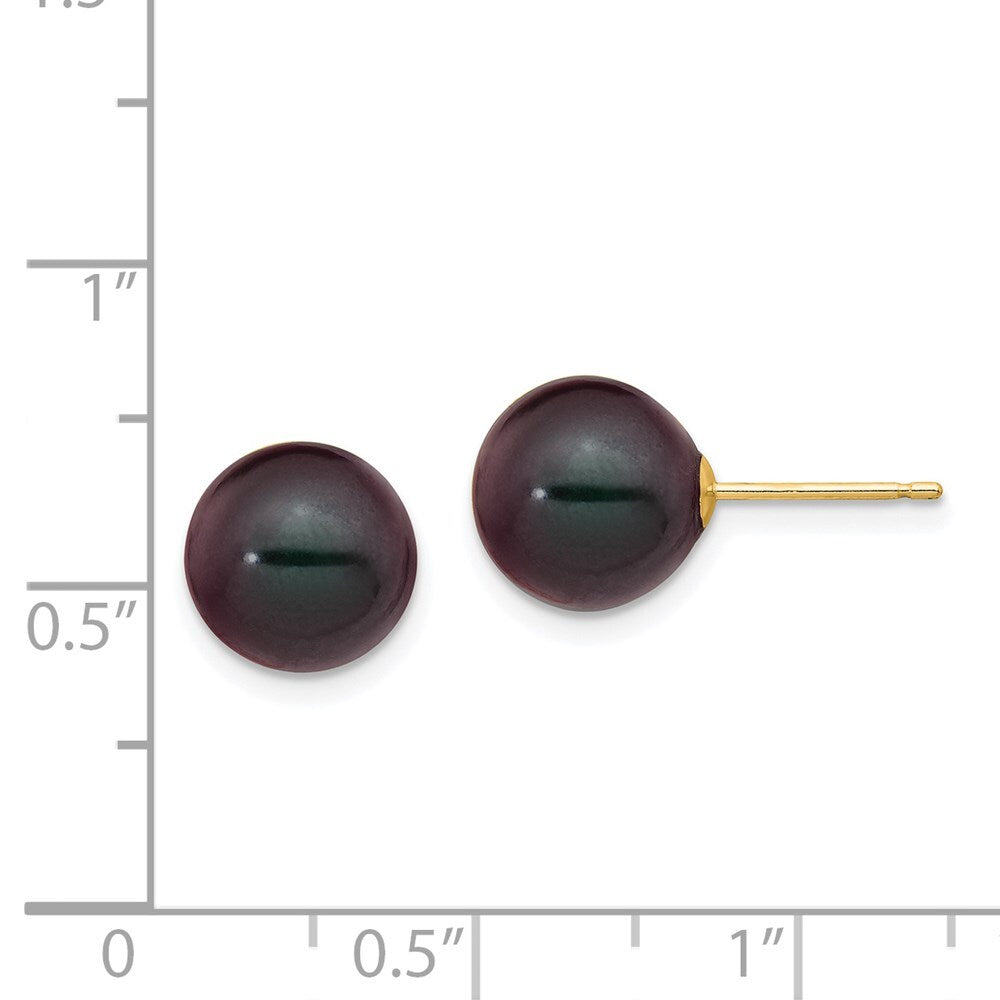 14k Yellow Gold 9-10mm Black Round Freshwater Cultured Pearl Stud Earrings