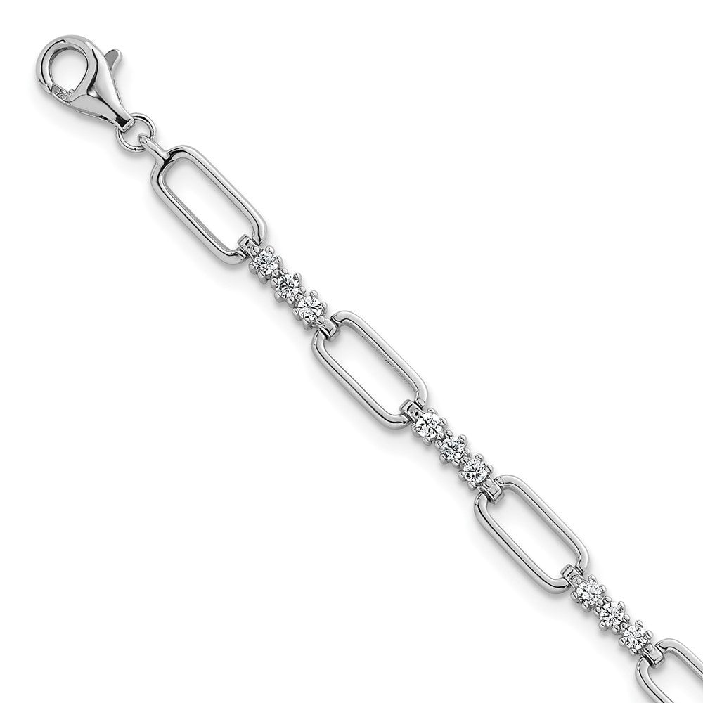Sterling Silver Rhodium-plated  CZ and Paperclip Link 7" with 1" Ext Bracelet