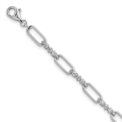 Sterling Silver Rhodium-plated  CZ and Paperclip Link 7" with 1" Ext Bracelet