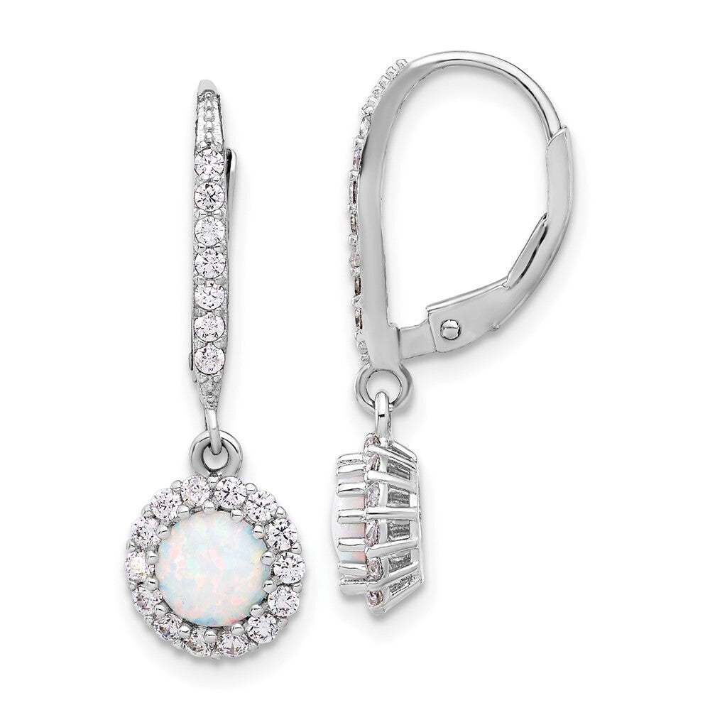 Sterling Silver Cubic Zirconia & Cr. Opal Halo Dangle Leverback Earrings