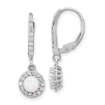 Sterling Silver Cubic Zirconia & Cr. Opal Halo Dangle Leverback Earrings