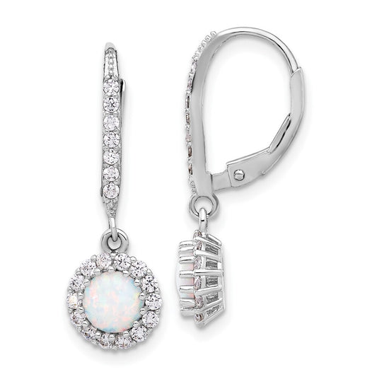Sterling Silver Cubic Zirconia & Cr. Opal Halo Dangle Leverback Earrings