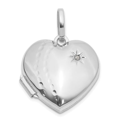 14k White Gold Polished and Textured Diamond 18mm Heart Locket Pendant for Women