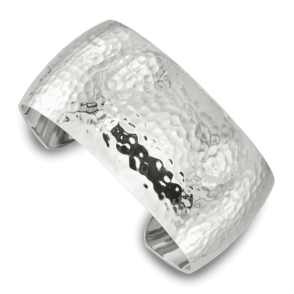 Sterling Silver Polished 30mm Domed Hammered Cuff Bangle