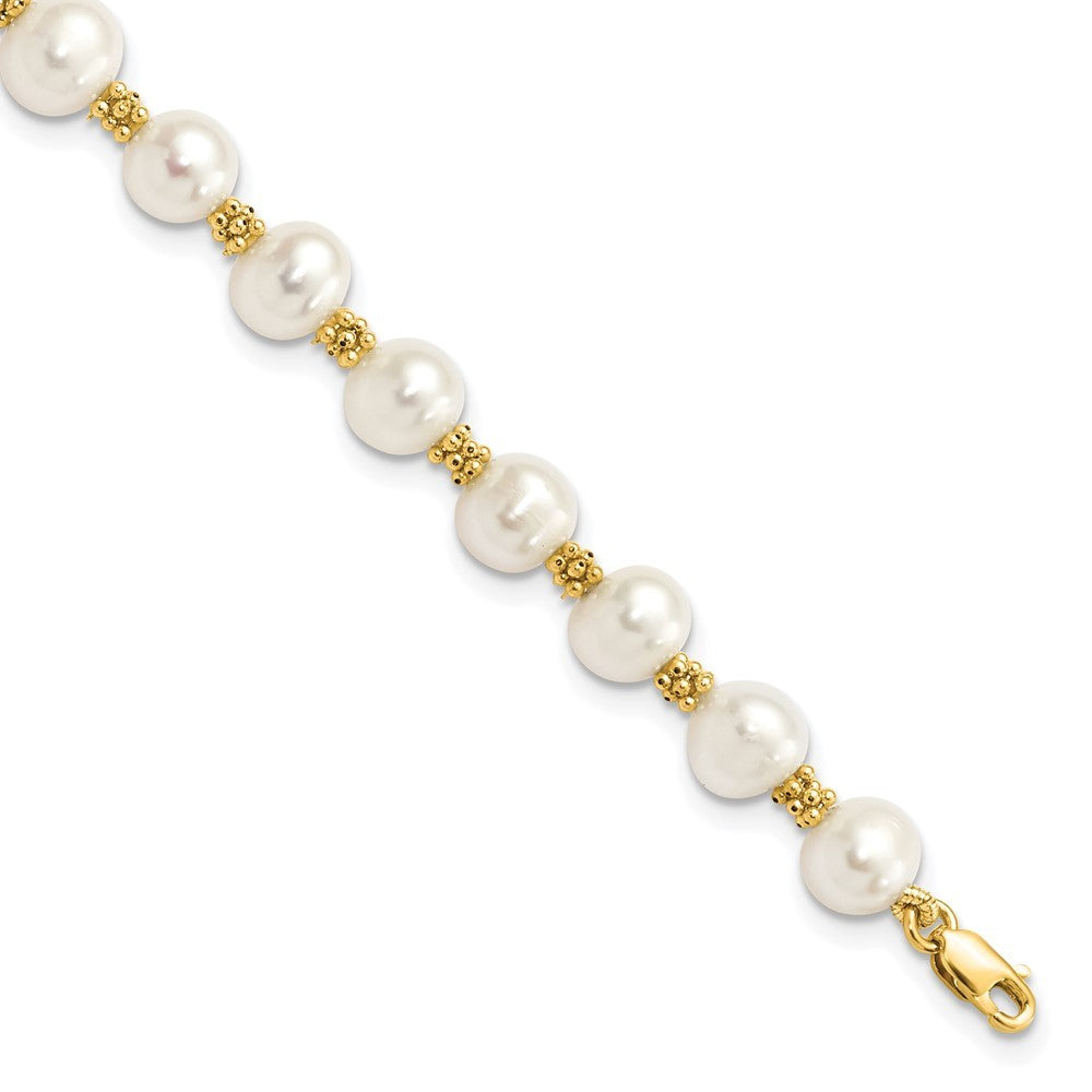 14k Yellow Gold 6-7mm White Round Freshwater Cultured Pearl 7.25 inch Bracelet