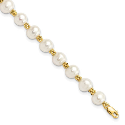 14k Yellow Gold 6-7mm White Round Freshwater Cultured Pearl 7.25 inch Bracelet