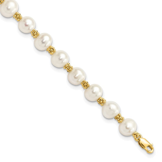 14k Yellow Gold 6-7mm White Round Freshwater Cultured Pearl 7.25 inch Bracelet