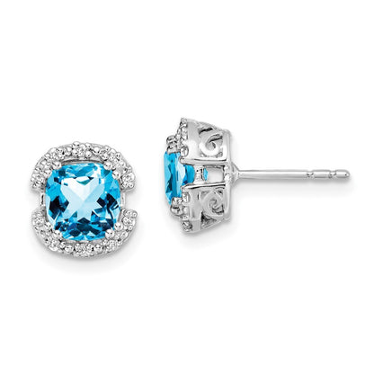 14k White Gold Cushion Blue Topaz and Diamond Halo Stud Earrings