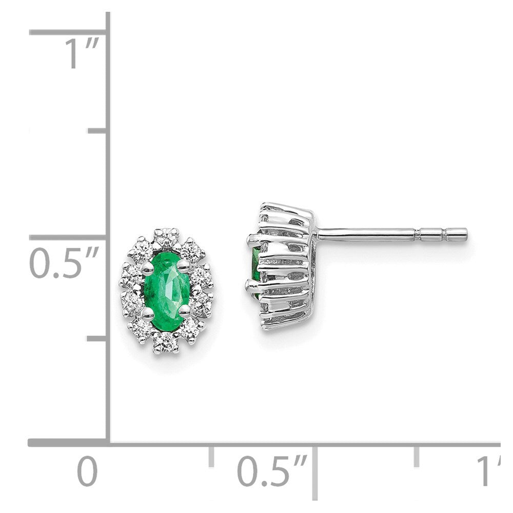 14k White Gold 1/5Ct Diamond and Emerald Oval Halo Stud Earrings