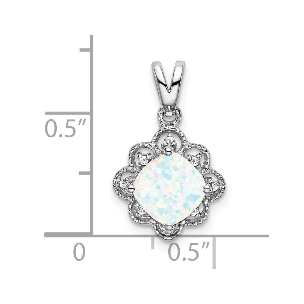 14k White Gold Created Opal and Diamond Scalloped Pendant for Women