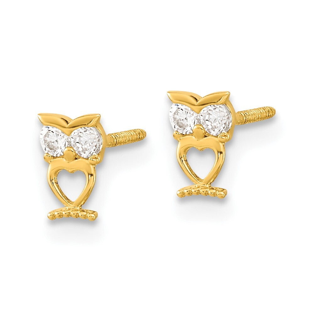 14k Yellow Gold Owl Cubic Zirconia Eyes Screwback Stud Earrings Gift for Women