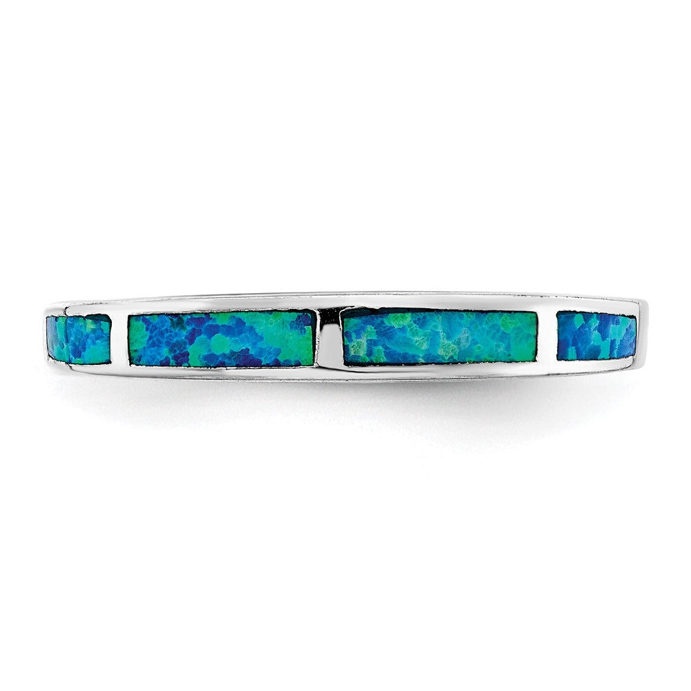 Sterling Silver Rhodium-plated Lab Created Blue Opal Inlay Band Size 7