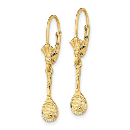 14k Yellow Gold Polished Tennis Racquet w/ Ball Drop Dangle Earrings